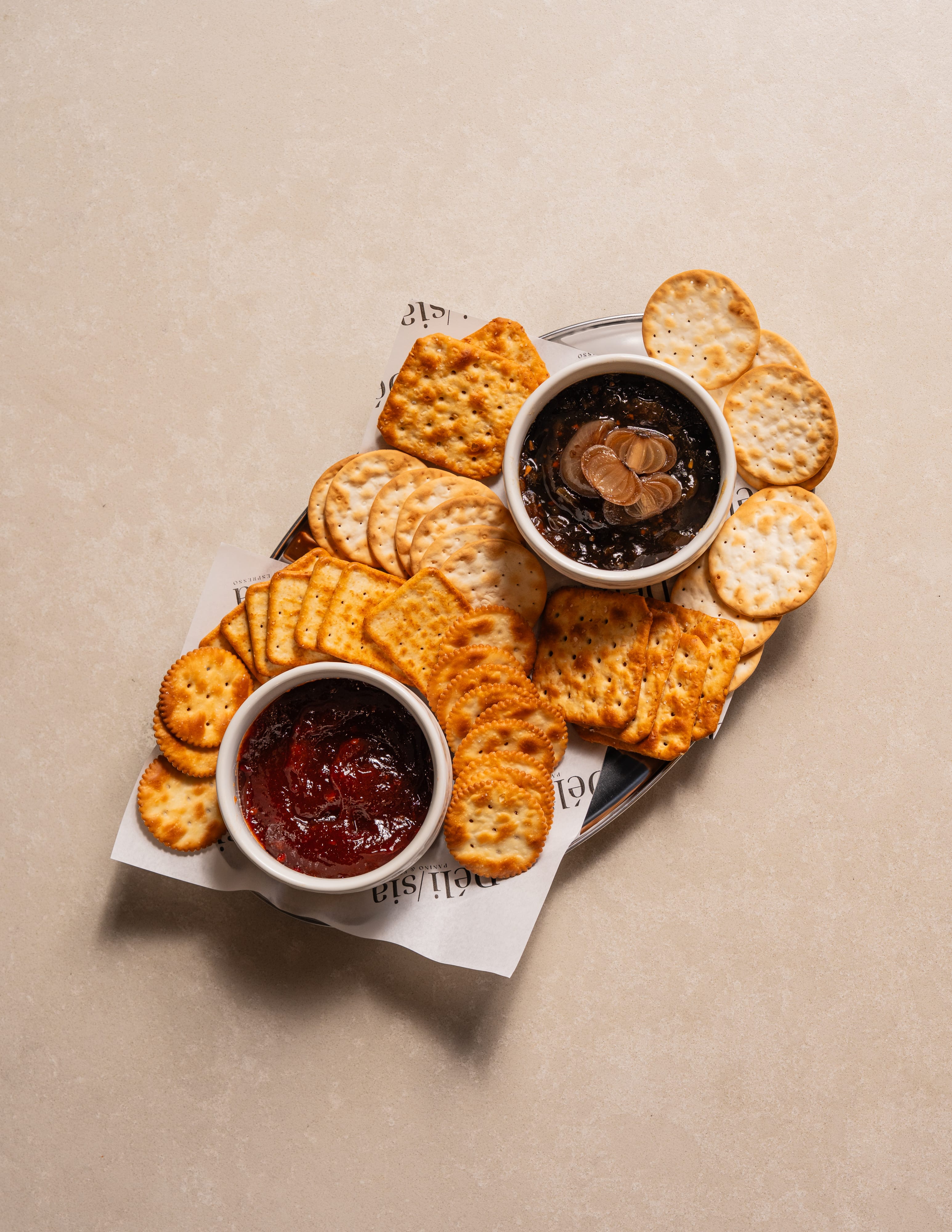 Assorted crackers and condiments